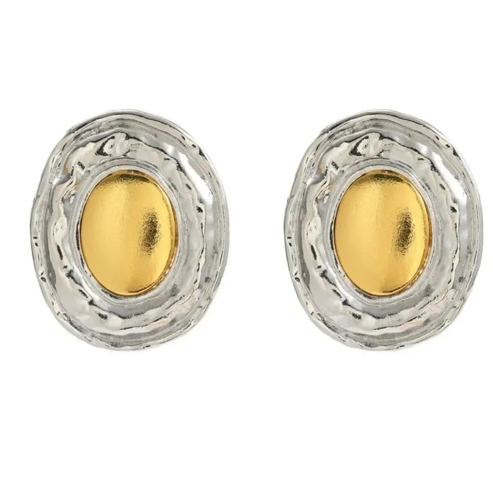 Silver Gold Button Oval Earrings - Picture 4 of 6
